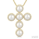 1/3 ctw Cross 4X4 MM Cultured Pearl and Round Cut Diamond Fashion Pendant With Chain in 14K Yellow Gold