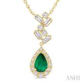 6X4MM Pear Cut Emerald and 1/5 ctw Scatter Baguette & Single Cut Halo Diamond Precious Necklace in 10K Yellow Gold