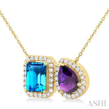 1/3 Ctw Toi Et Moi 8X6 MM Emerald Cut Blue Topaz and Pear Cut Amethyst & Round Cut Diamond Semi Precious Fashion Pendant With Chain in 14K Yellow Gold