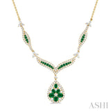 3 1/6 ctw Chevron Floral Accent Emerald and Round Cut Diamond Precious Necklace in 14K Yellow Gold