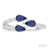 5X3MM Pear Cut Sapphire and 1/4 ctw Round Cut Embraced 3-Stone East-West Set Diamond Precious Open Fashion Ring in 14K White Gold