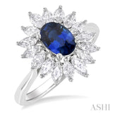 7X5MM Oval Cut Sapphire and 7/8 ctw Marquise Cut Diamond Floral Halo Precious Ring in 14K White Gold