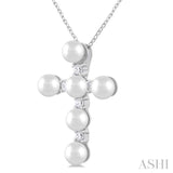 1/6 Ctw Cross 4X4 MM Cultured Pearl and Round Cut Diamond Fashion Pendant With Chain in 10K White Gold