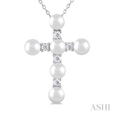 1/6 Ctw Cross 4X4 MM Cultured Pearl and Round Cut Diamond Fashion Pendant With Chain in 10K White Gold