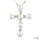 1/6 Ctw Cross 4X4 MM Cultured Pearl and Round Cut Diamond Fashion Pendant With Chain in 10K Yellow Gold