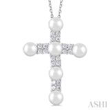 1/5 ctw Cross 4X4 MM Cultured Pearl and Round Cut Diamond Semi Precious Fashion Pendant With Chain in 10K White Gold