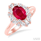 7X5MM Oval Cut Ruby and 5/8 ctw Mixed Diamond Cut Halo Precious Ring in 14K Rose and White Gold