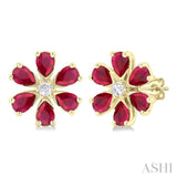 1/10 Ctw Floral Blossom 4X3 MM Pear Cut Ruby and Round Cut Diamond Precious Stud Earring in 14K Yellow Gold