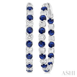 2.9MM Round Sapphire and 2 5/8 ctw Round Cut Diamond Inside & Outside Alternating Precious Hoop Earrings in 14K White Gold