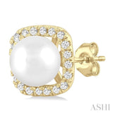 1/8 Ctw Petite 5 MM Cultured Pearl and Cushion-Shaped Round Cut Diamond Halo Stud Earring in 10K Yellow Gold