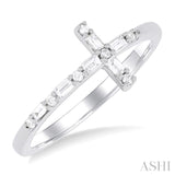 1/5 Ctw Reclined Cross Baguette and Round Cut Diamond Fashion Ring in 10K White Gold