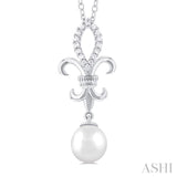 1/10 ctw Fleur De Lis 7X7 MM White Cultured Pearl and Round Cut Diamond Pendant With Chain in 10K White Gold