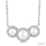 1/8 Ctw Past Present and Future 4 MM & 3 MM Cultured Pearl and Round Cut Diamond Halo Pendant With Chain in 14K White Gold