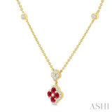 2.4 MM Round Shape Ruby and 1/4 Ctw Clover Round Cut Diamond Station Necklace in 14K Yellow Gold