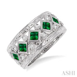 3x3MM Princess Cut Emerald and 1/4 Ctw Round Cut Diamond Fashion Ring in 14K White Gold