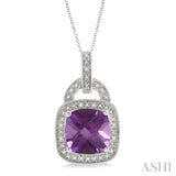 10x10mm Cushion Cut Amethyst and 1/20 Ctw Single Cut Diamond Pendant in Sterling Silver with Chain