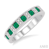 2.5 mm Round Cut Emerald and 1/10 Ctw Round Cut Diamond Band in 14K White Gold