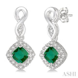 4x4 MM Cushion Cut Emerald and 1/5 Ctw Round Cut Diamond Earrings in 14K White Gold