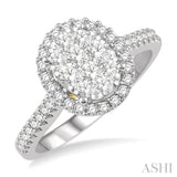 3/4 Ctw Round Diamond Lovebright Oval Shape Halo Engagement Ring in 14K White and Yellow Gold