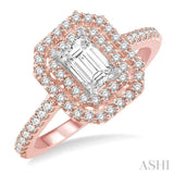 1/2 ct Diamond Ladies Engagement Ring with 1/4 Ct Emerald Cut Center Stone in 14K Rose and White Gold