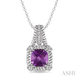 8x8 mm Cushion Checker Amethyst and 1/50 Ctw Single Cut Diamond Pendant in Sterling Silver with Chain