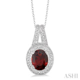 9x7 MM Oval Cut Garnet and 1/20 Ctw Round Cut Diamond Pendant in Sterling Silver with Chain