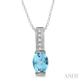 8x6 mm Oval Cut Blue Topaz and 1/50 Ctw Single Cut Diamond Pendant in Sterling Silver with Chain