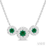 5/8 ctw Tri Stone 3.80MM & 3MM Emerald and Round Cut Diamond Precious Necklace in 14K White Gold
