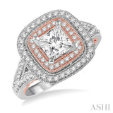 7/8 Ctw Diamond Engagement Ring with 3/8 Ct Princess Cut Center Stone in 14K White and Rose Gold