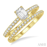 3/4 ctw Diamond Wedding Set With 5/8 ctw Round Cut & 3/8 ctw Emerald Cut Center Stone Engagement Ring and 1/6 ctw Wedding Band in 14K Yellow Gold