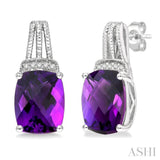 1/50 ctw Looped Round Cut Diamond & 9x7MM Cushion Cut Amethyst Semi Precious Earring in Silver