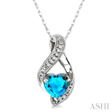 7x7mm Heart Shape Blue Topaz and 1/20 Ctw Single Cut Diamond Pendant in 10K White Gold with Chain