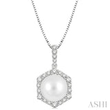 1/3 ctw Hexagon Shape 8X8MM Pearl and Round Cut Diamond Pendant With Chain in 14K White Gold