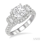 7/8 ctw Cushion Shape Tri-Mount Baguette and Round Cut Diamond Semi-Mount Engagement Ring in 14K White Gold